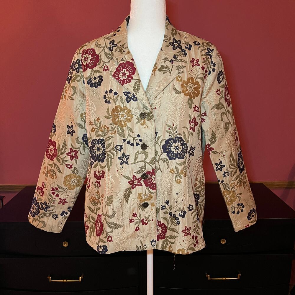 Alfred Dunner Tan Red Blue Embroidered Floral Blazer Size 16P
